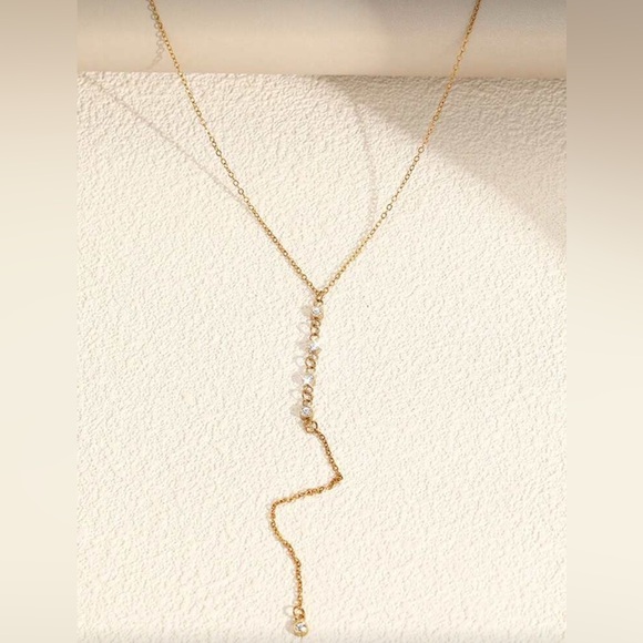 Gold Plated Stainless Steel Cubic Zirconia Lariat Drop Necklace - Picture 2 of 2